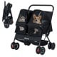 Foldable double pet stroller in black with adjustable sunshade, featuring two seats for pets and a storage basket.