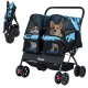 Foldable double pet stroller in navy with adjustable sunshade, breathable mesh, and storage baskets for multiple pets.