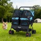 Foldable double pet stroller in navy with breathable mesh and removable pad, designed for comfortable pet transport.