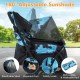 Foldable double pet stroller in navy with 180° adjustable sunshade, breathable mesh, and zippered door for easy access.