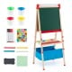 Foldable double-sided easel with magnetic chalkboard, storage tray, and paint cups for kids' creative play.