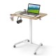 Foldable mobile standing desk with a 90° tiltable tabletop, adjustable height, and rolling wheels for easy movement.