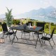Foldable 48-inch black metal outdoor dining table with slatted tabletop, perfect for patio gatherings and easy storage.
