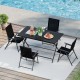 Foldable 48-inch black metal outdoor dining table with slatted tabletop, ideal for patio gatherings and easy storage.