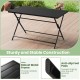 Foldable outdoor dining table with slatted metal tabletop, sturdy black metal frame, ideal for patio and garden use.
