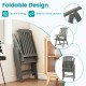 Foldable gray patio chair made of weatherproof HDPE, featuring armrests and a slatted design for indoor and outdoor use.
