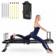 Foldable Pilates reformer machine in black, featuring adjustable footbar and dual resistance for versatile home workouts.
