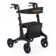 Foldable rollator walker in black with a carbon fiber frame, adjustable height, and spacious seat for seniors' comfort.