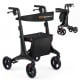 Foldable rollator walker in black with carbon fiber frame, adjustable height, and spacious seat for seniors' comfort.