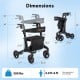 Foldable rollator walker with seat, featuring carbon fiber structure, adjustable handrail, and spacious storage pocket.