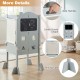 Foldable gray toddler step stool with chalkboards, anti-tip feet, and side handles for safe, fun use in the kitchen.