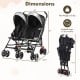 Foldable twin baby double stroller in black with adjustable backrest, lightweight frame, and compact umbrella fold for.