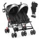 Foldable twin baby double stroller in black with adjustable backrest, 5-point harness, and lightweight frame for easy.