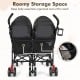 Foldable twin baby double stroller in black featuring roomy storage space and adjustable backrest for convenient travel.
