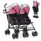 Foldable twin baby double stroller in pink with ventilated canopy, 360-degree swivel wheels, and compact umbrella fold.