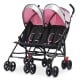 Foldable twin baby double stroller in pink with ventilated canopy, 360-degree swivel wheels, and 5-point safety harness.
