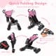 Foldable twin baby stroller in pink with quick umbrella fold, 360-degree swivel wheels, and ventilated canopy for.