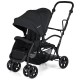Foldable twin tandem stroller in black with adjustable handlebar, reclining front seat, and ample storage for.