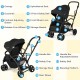 Foldable twin tandem stroller in black showcasing the adjustable canopy and smooth-rolling premium wheels for outdoor.