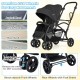 Foldable twin tandem stroller in black with adjustable handlebar and premium EVA wheels for smooth movement on various.