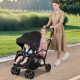 Foldable twin tandem stroller in black with adjustable handlebar, featuring sit and stand options for kids.