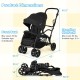 Foldable twin tandem stroller in black with adjustable handlebar, front seat recline, and compact one-button fold.