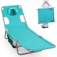 Light green folding beach lounge chair with adjustable backrest, face hole, and compact design for easy transport.