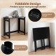 Folding console table in black with foldable legs, featuring metal studs and hinges for stability, ideal for.