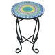 Mosaic side table with ceramic tile top and steel frame, perfect for indoor or outdoor use beside a sofa or poolside.
