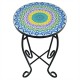 Round folding mosaic side table with ceramic tile top and black steel frame, perfect for indoor or outdoor use.