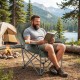 Folding oversized camping chair in green with cup holder, featuring ergonomic comfort and side pockets for outdoor.