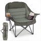 Oversized green folding camping chair with side pockets and cup holder, featuring a padded seat for outdoor comfort.