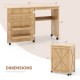 Folding sewing table with storage shelf, featuring natural wood finish, 5 lockable wheels, and rustic barn door design.