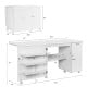 Folding sewing table with wheels in white, featuring three storage bins and an adjustable shelf for organized crafting.