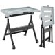Folding welding table with adjustable height, tiltable tabletop, and tool slots for organized workspace efficiency.