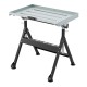 Folding welding table in black with adjustable height, tiltable tabletop, and fixed wheels for easy mobility and.