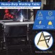 Folding welding table with a black electroplated tabletop, 4-level height adjustment, and 2 fixed wheels for easy.