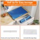 Blue rollable electric warming tray with fast heating, included storage bag, and hook-and-loop strap for easy storage.