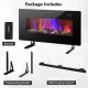 Electric fireplace with remote control, featuring a realistic flame, freestanding bracket, and wall hanging support for.