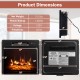Product dimensions of the 18-inch electric fireplace insert, showcasing adjustable LED flame effects and touch controls.