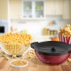 Red 6QT stirring popcorn popper with nonstick plate, serving bowl lid, and fresh popcorn for family movie nights.
