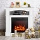 Electric fireplace TV stand in white with adjustable flame, remote control, and ample storage for living room decor.