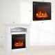 Electric fireplace TV stand in white, 32 inches, with adjustable flame brightness and built-in shelf for storage.