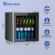 Mini beverage refrigerator with glass door, adjustable temperature, holds 60 cans, ideal for small spaces and versatile.