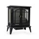 Freestanding electric fireplace heater in black with 3-sided panoramic design, ideal for enhancing indoor ambiance.