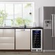 30-bottle wine cooler with stainless steel finish, blue LED light, and adjustable temperature for kitchen or bar use.