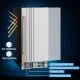 Compact refrigerator with stainless steel door, adjustable thermostat, and front venting design for efficient cooling.