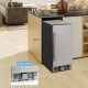 Compact refrigerator with stainless steel door, adjustable thermostat, and front venting design for versatile placement.