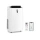 12000 BTU portable air conditioner in white with remote control and smartphone app for smart cooling and heating.