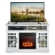 Side view of the 48-inch white electric fireplace TV stand, highlighting the spacious countertop and elegant 3D flame.